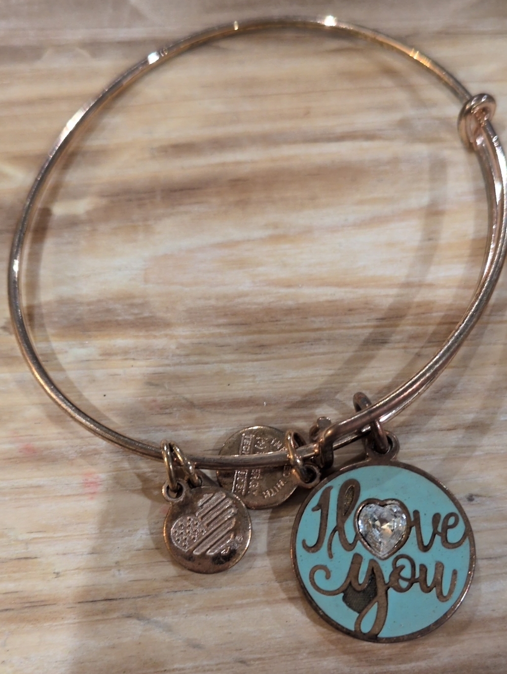 Alex and Ani Rose Gold Bangle with Turquoise 'I Love You' Charm